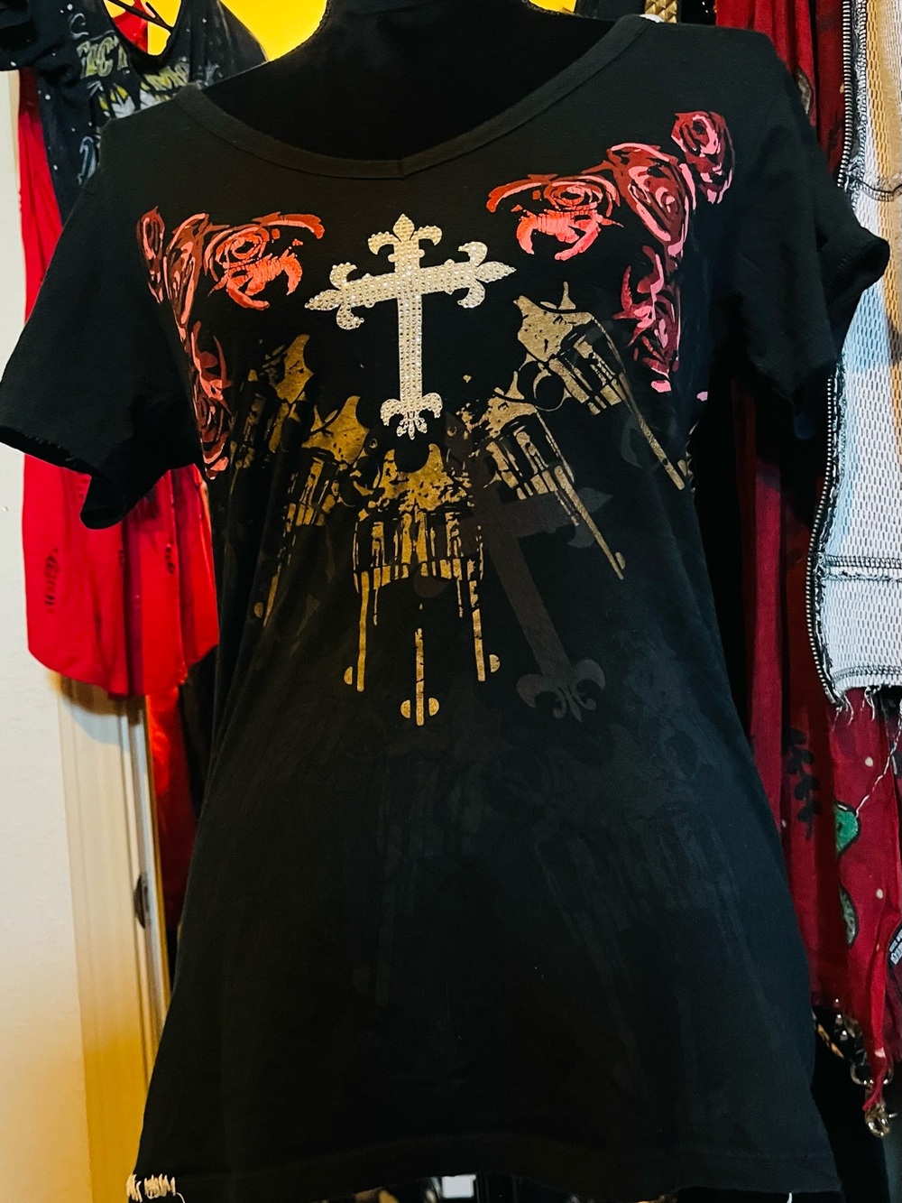 Rebel Spirit Black Short Sleeve Tee with Red and Gold Cross Graphic
